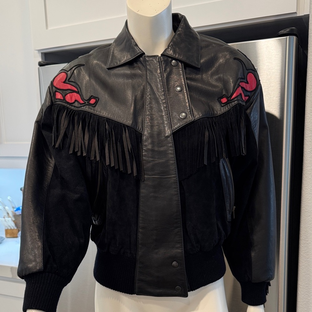 Nancy Heller Womens Leather Jacket Sz
Small Fringed Suede Black & Red
Western